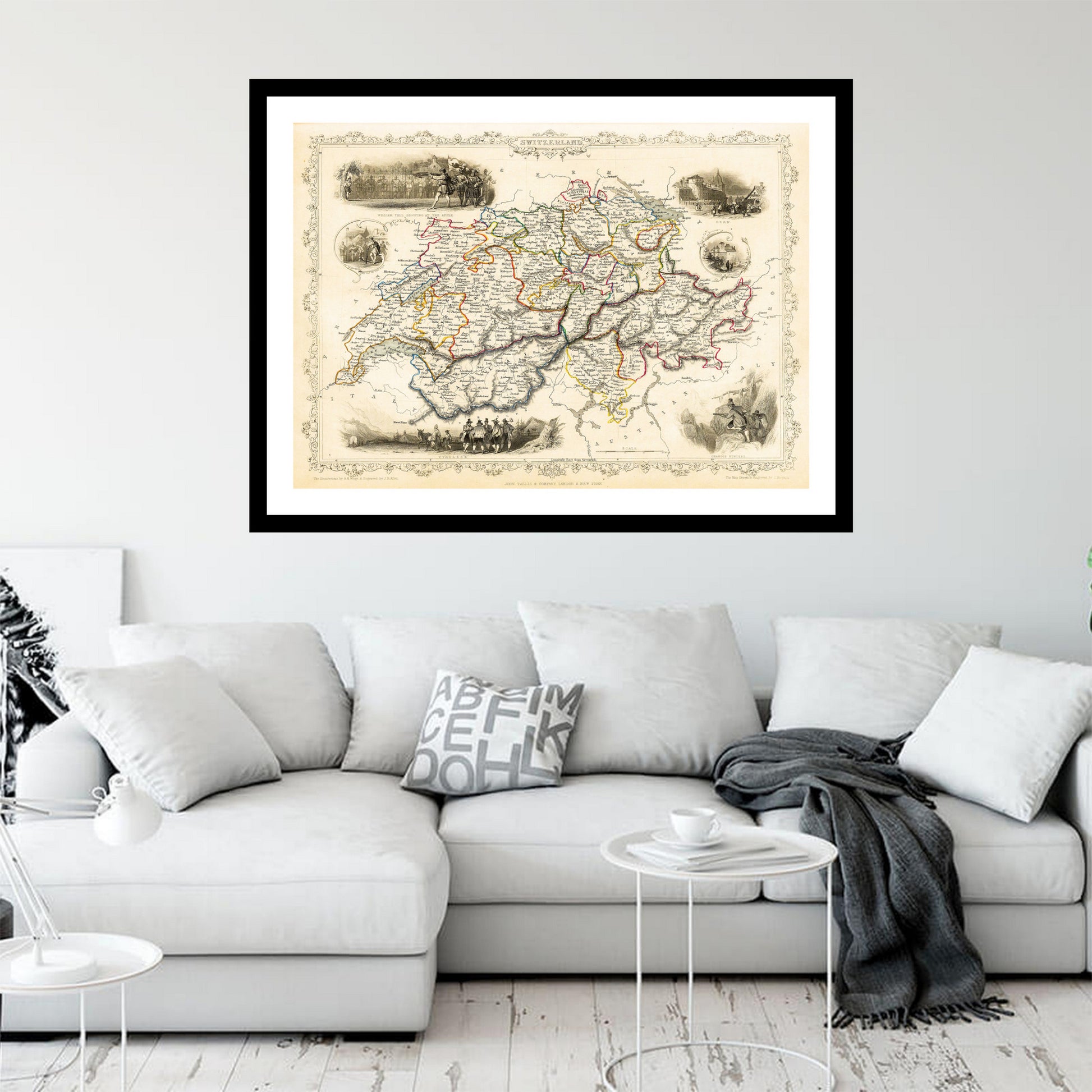 Antique map of Switzerland from 1851 - art print. Vintage poster from the old maps of Switzerland collection