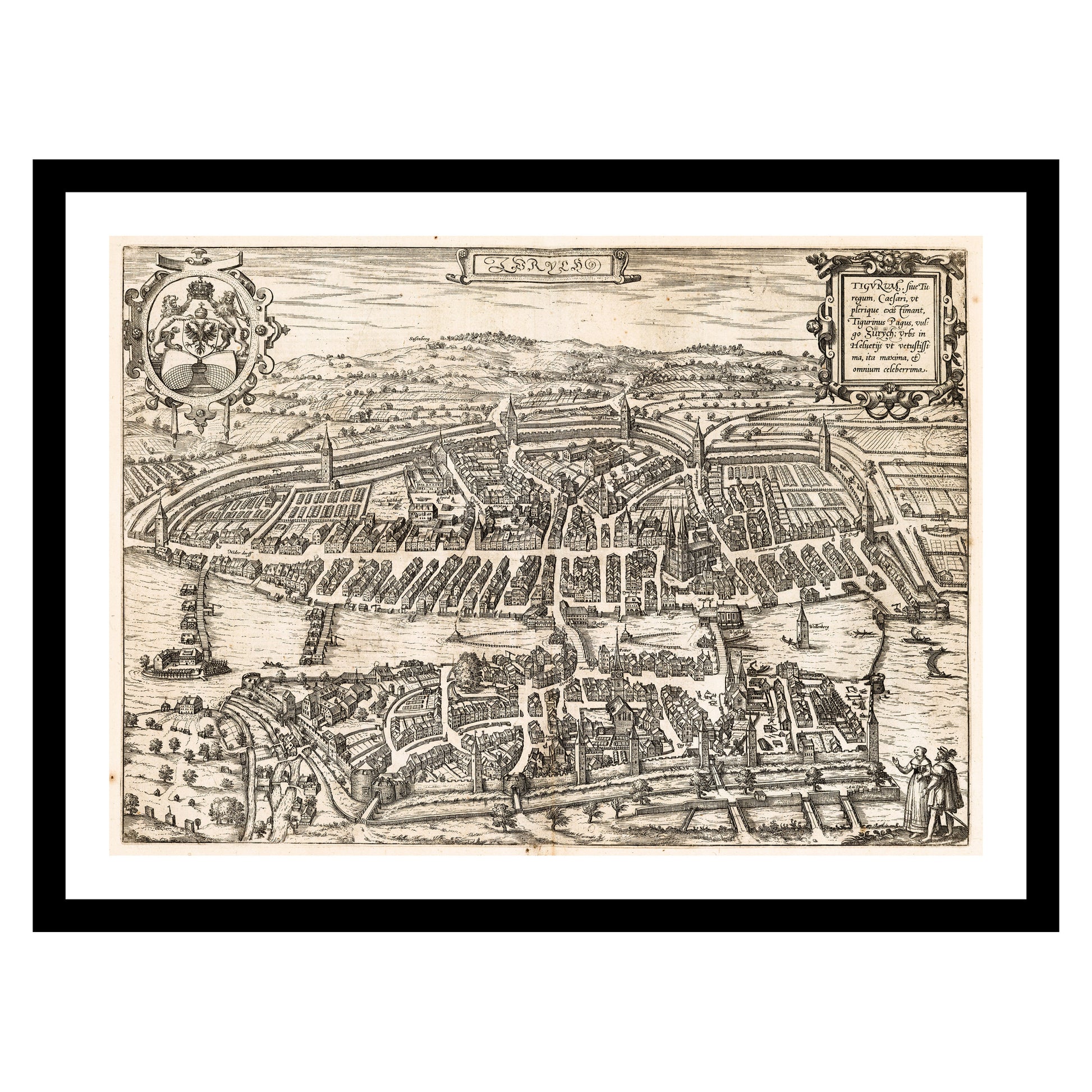 Antique map of Zurich from 1581 - art print. Vintage poster from the old maps of Switzerland collection