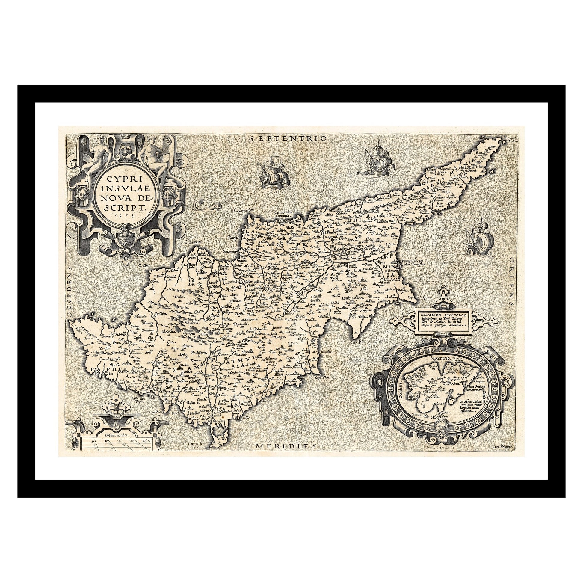 Antique map of Cyprus from 1573 - art print. Vintage poster from the old maps of Cyprus collection