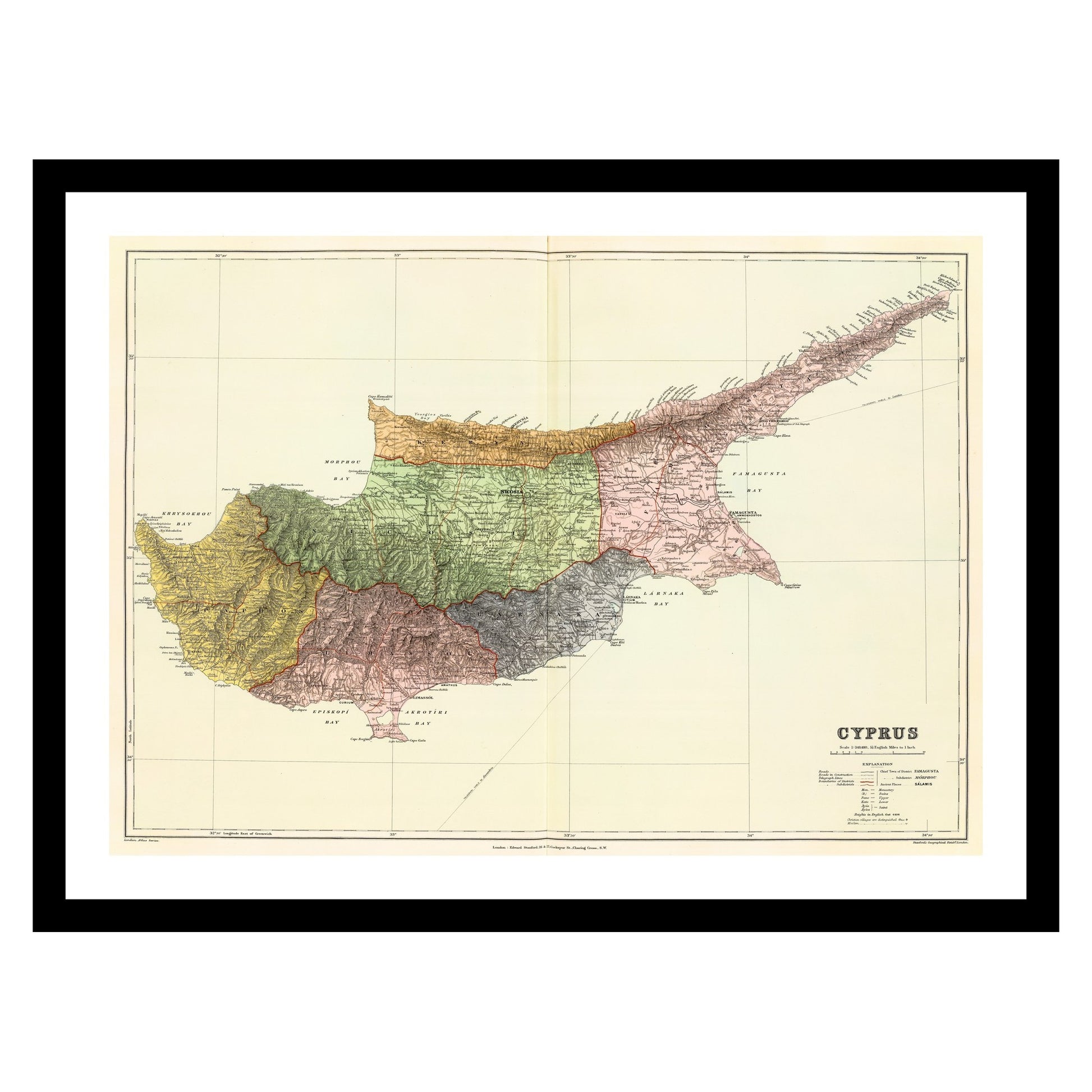 Antique map of Cyprus from 1901 - art print. Vintage poster from the old maps of Cyprus collection