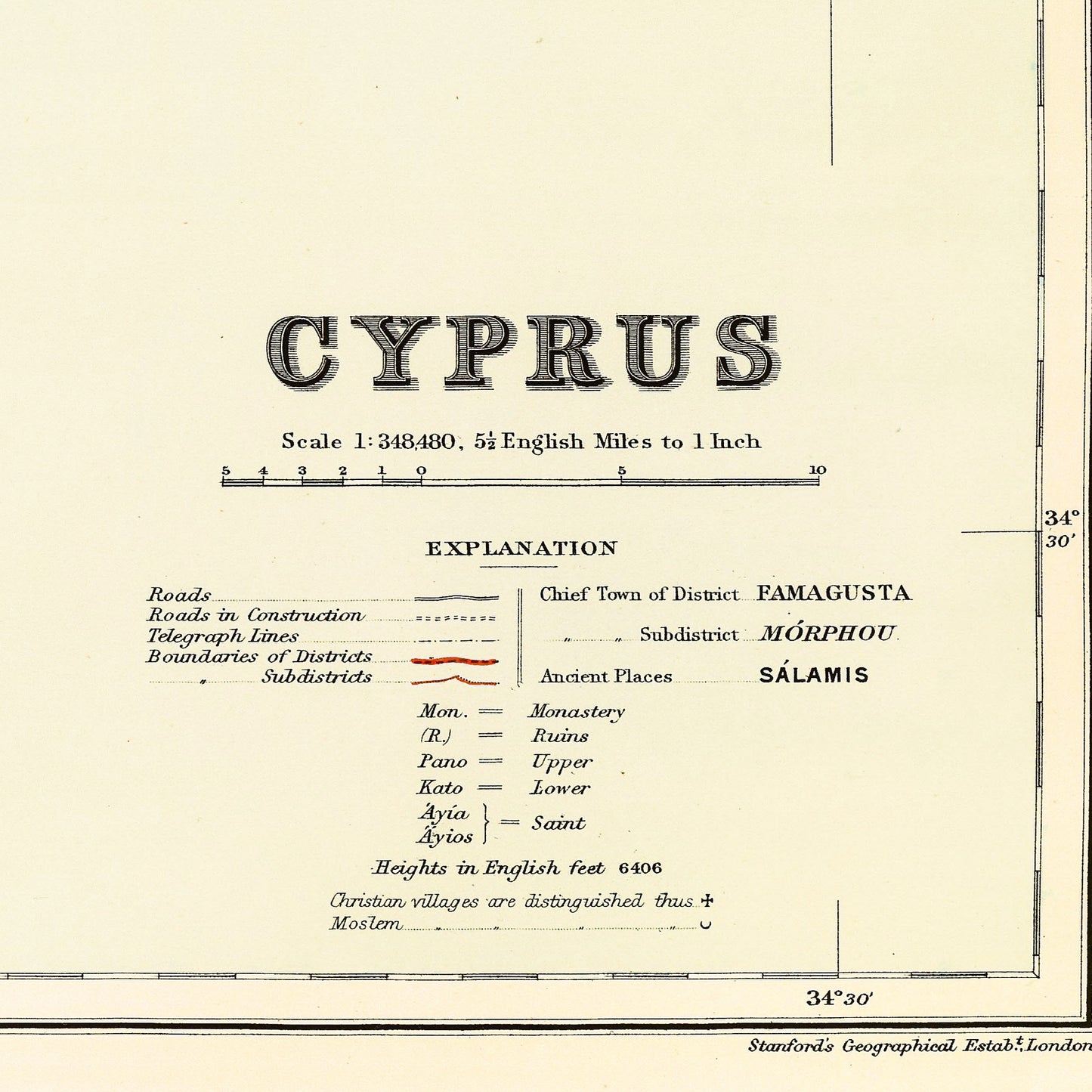 Cyprus 1901 - Old Antique Map - Art Print