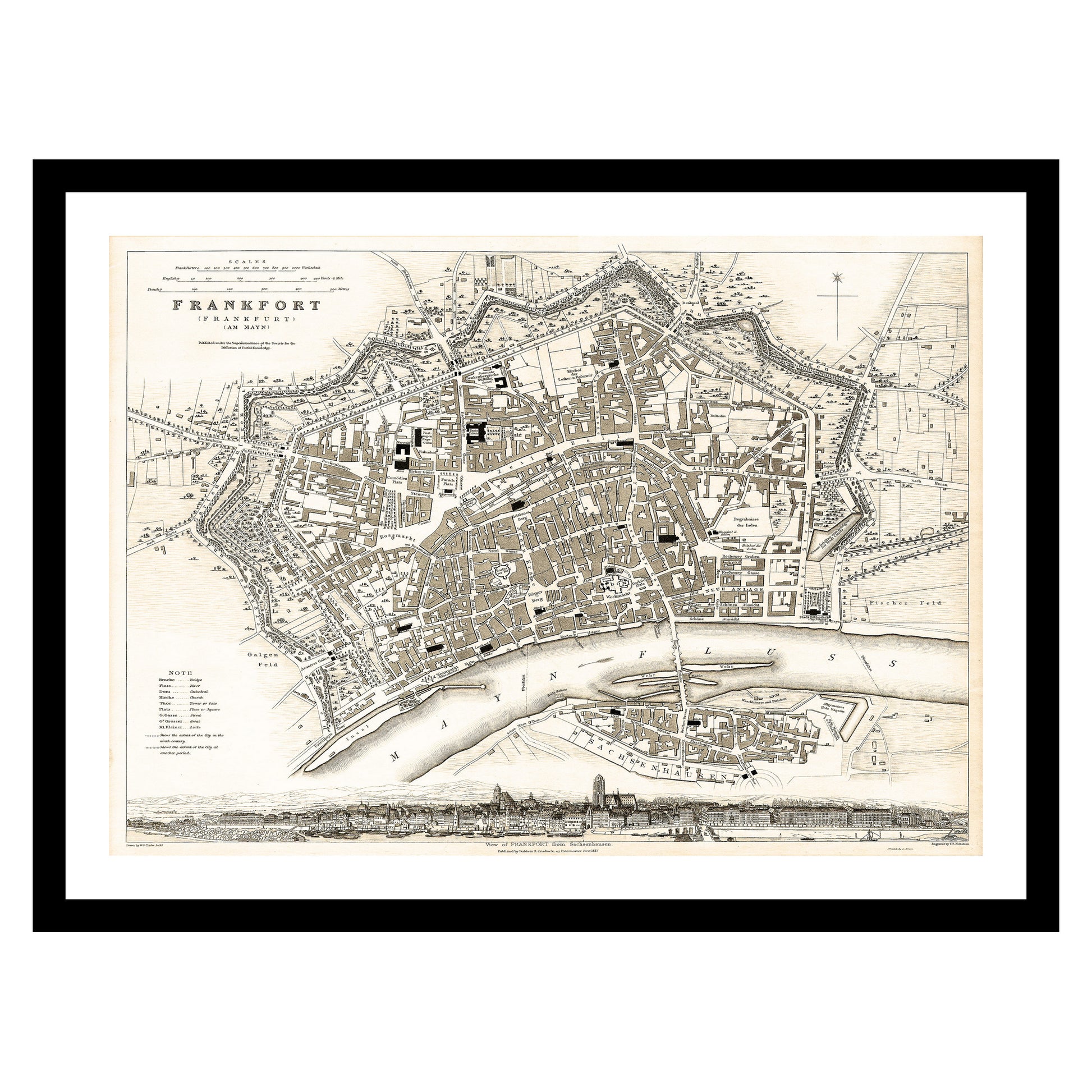 Antique map of Frankfurt am Main from 1837 - art print. Vintage poster from the old maps of Germany collection