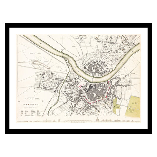 Antique map of Dresden from 1844 - art print. Vintage poster from the old maps of Germany collection