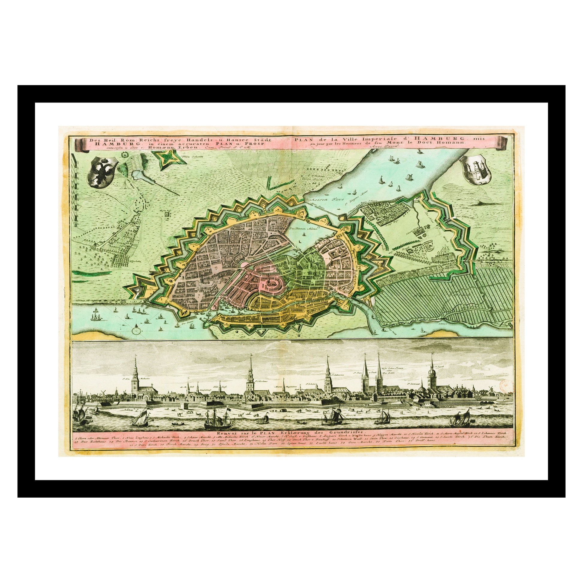 Antique map of Hamburg from 1730 - art print. Vintage poster from the old maps of Germany collection