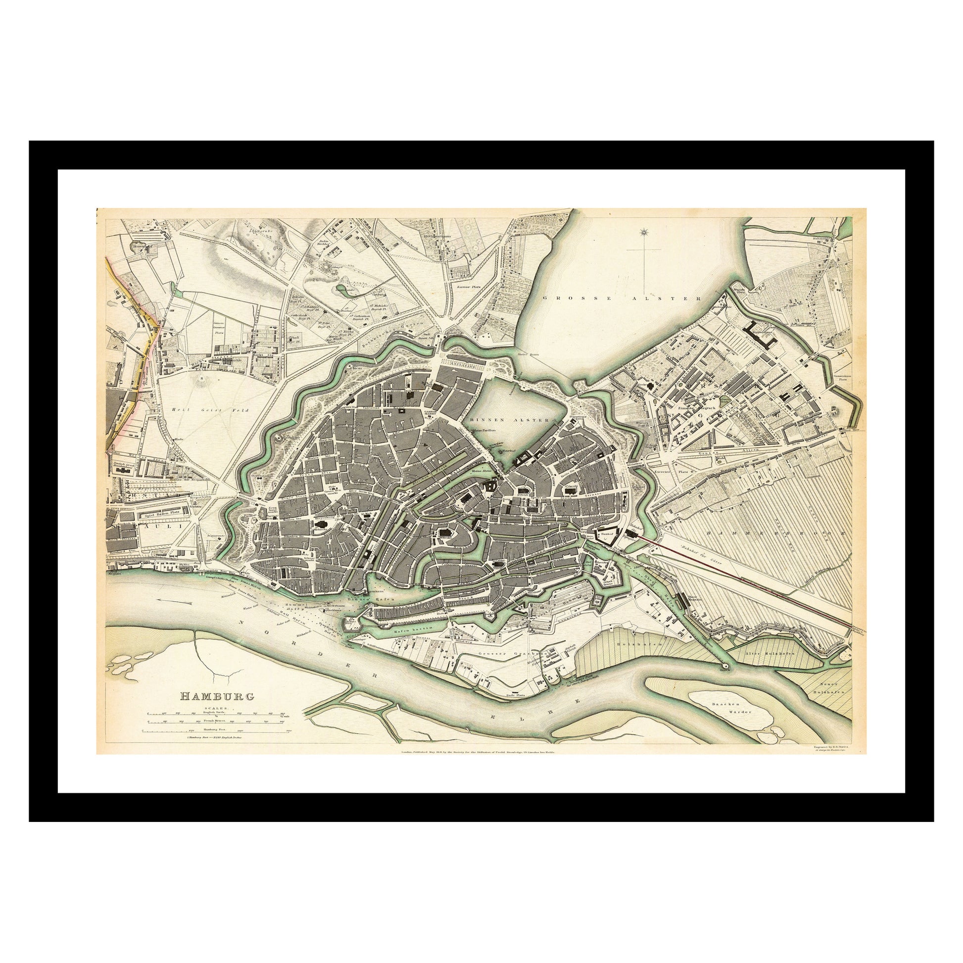 Antique map of Hamburg from 1844 - art print. Vintage poster from the old maps of Germany collection