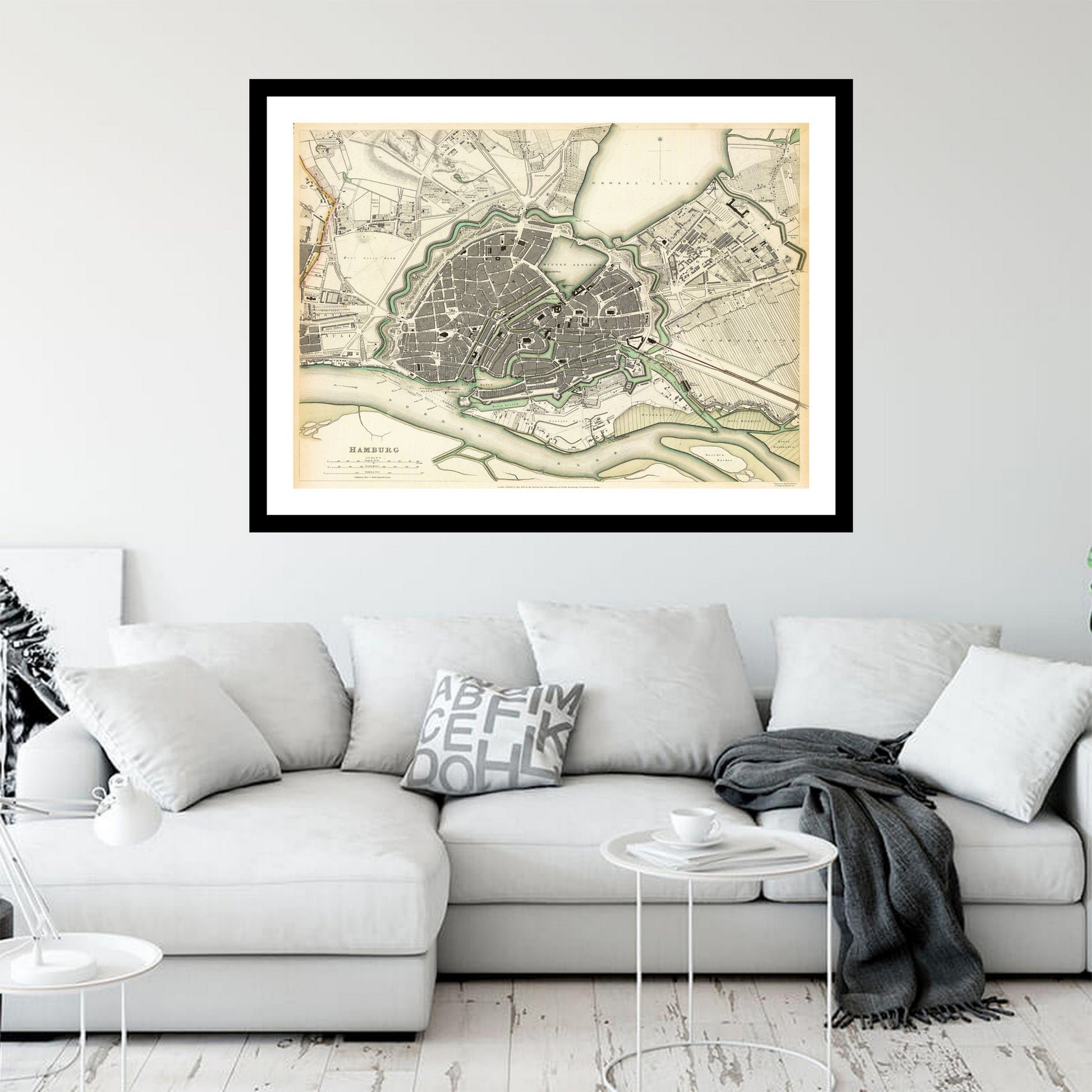 Antique map of Hamburg from 1844 - art print. Vintage poster from the old maps of Germany collection