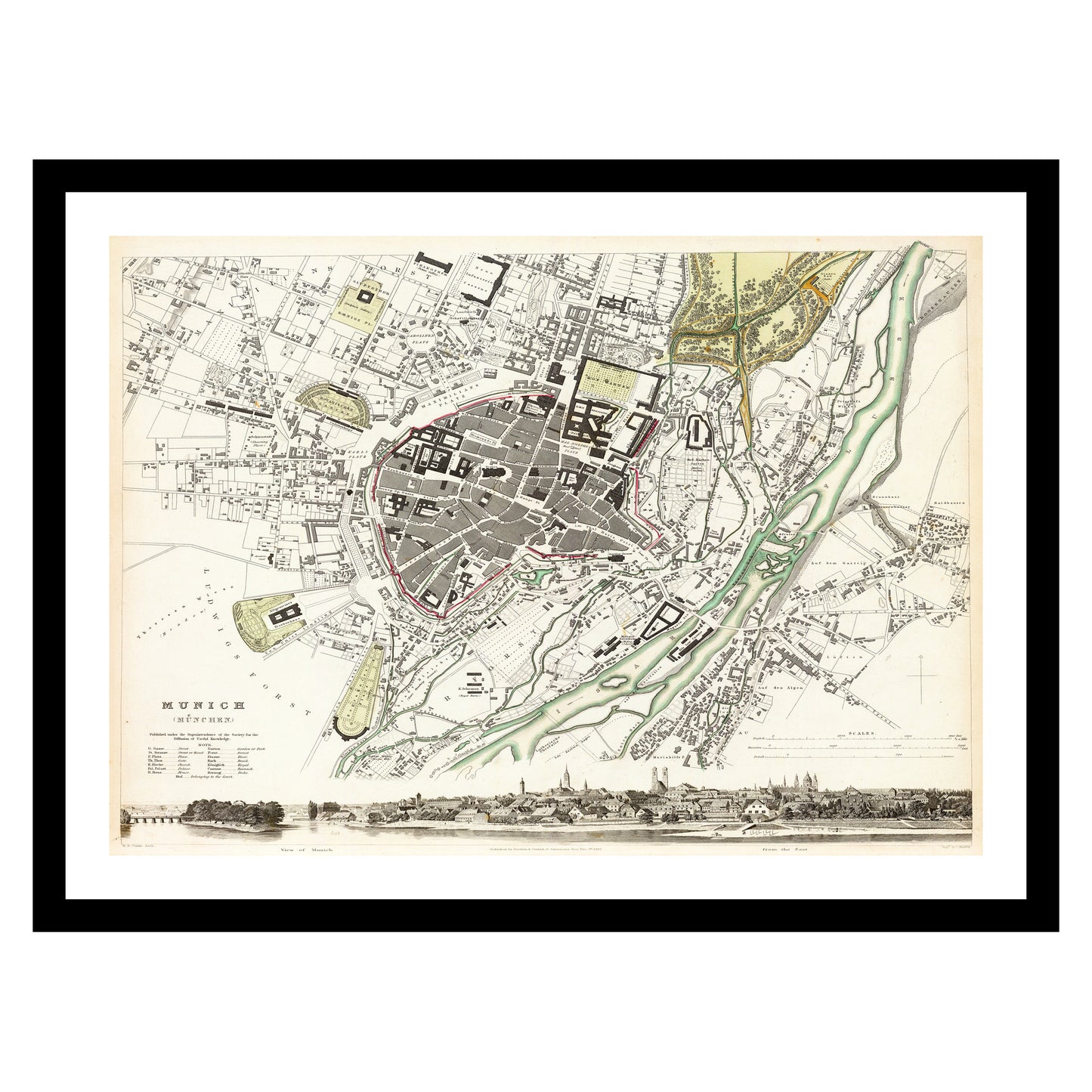 Antique map of Munich from 1832 - art print. Vintage poster from the old maps of Germany collection