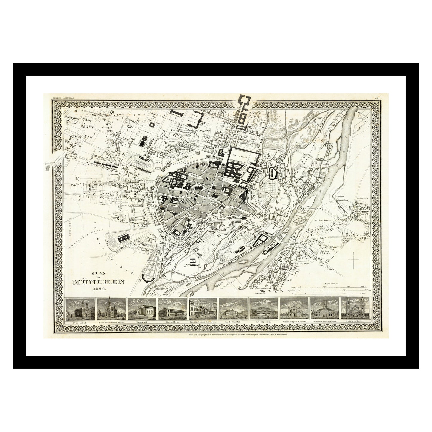 Antique map of Munich from 1860 - art print. Vintage poster from the old maps of Germany collection