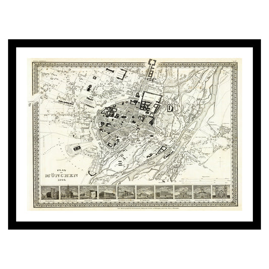 Antique map of Munich from 1860 - art print. Vintage poster from the old maps of Germany collection