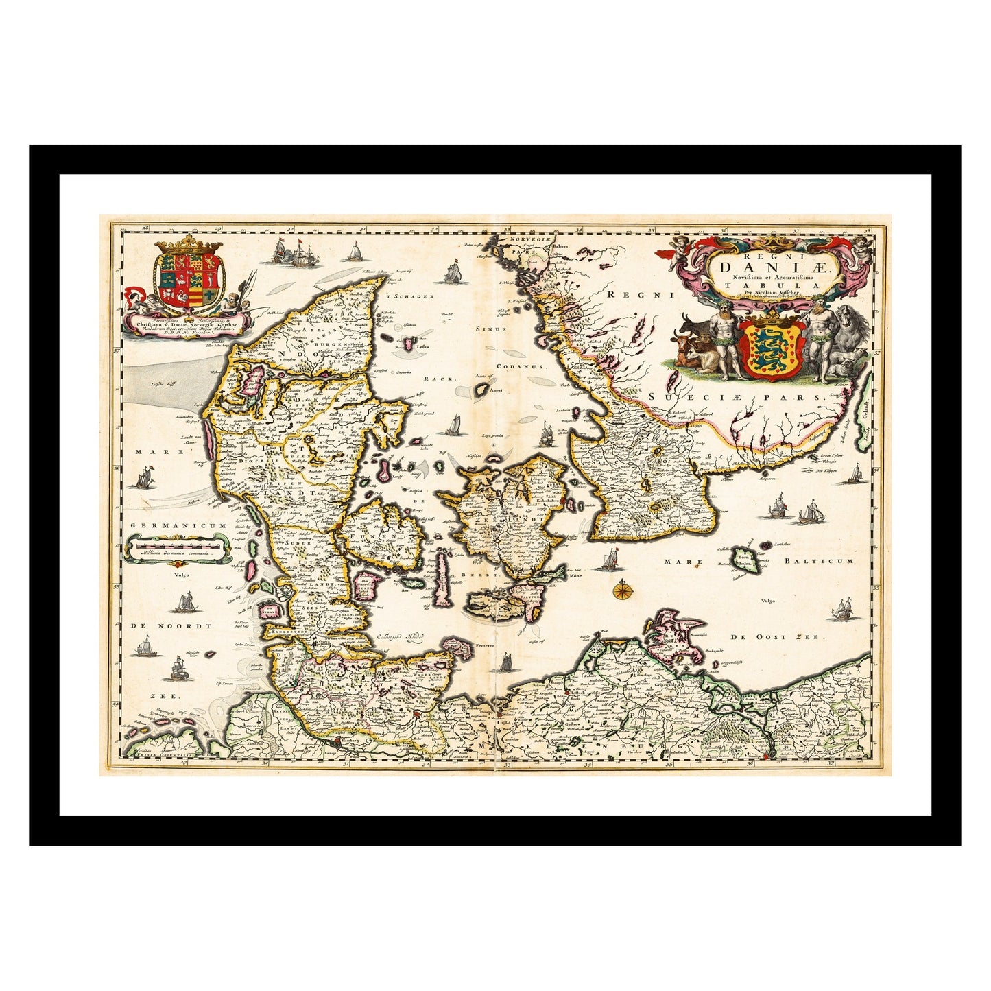 Antique map of Denmark from 1690 - art print. Vintage poster from the old maps of Denmark collection