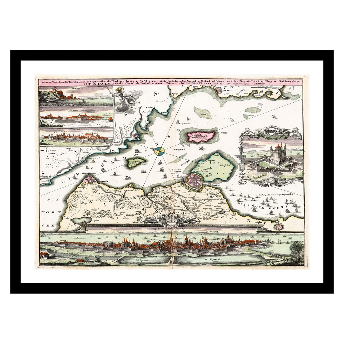 Antique map of Copenhagen from 1716 - art print. Vintage poster from the old maps of Denmark collection