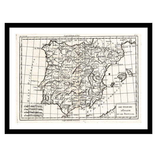 Antique map of Spain Portugal from 1780 - art print. Vintage poster from the old maps of Spain Portugal collection