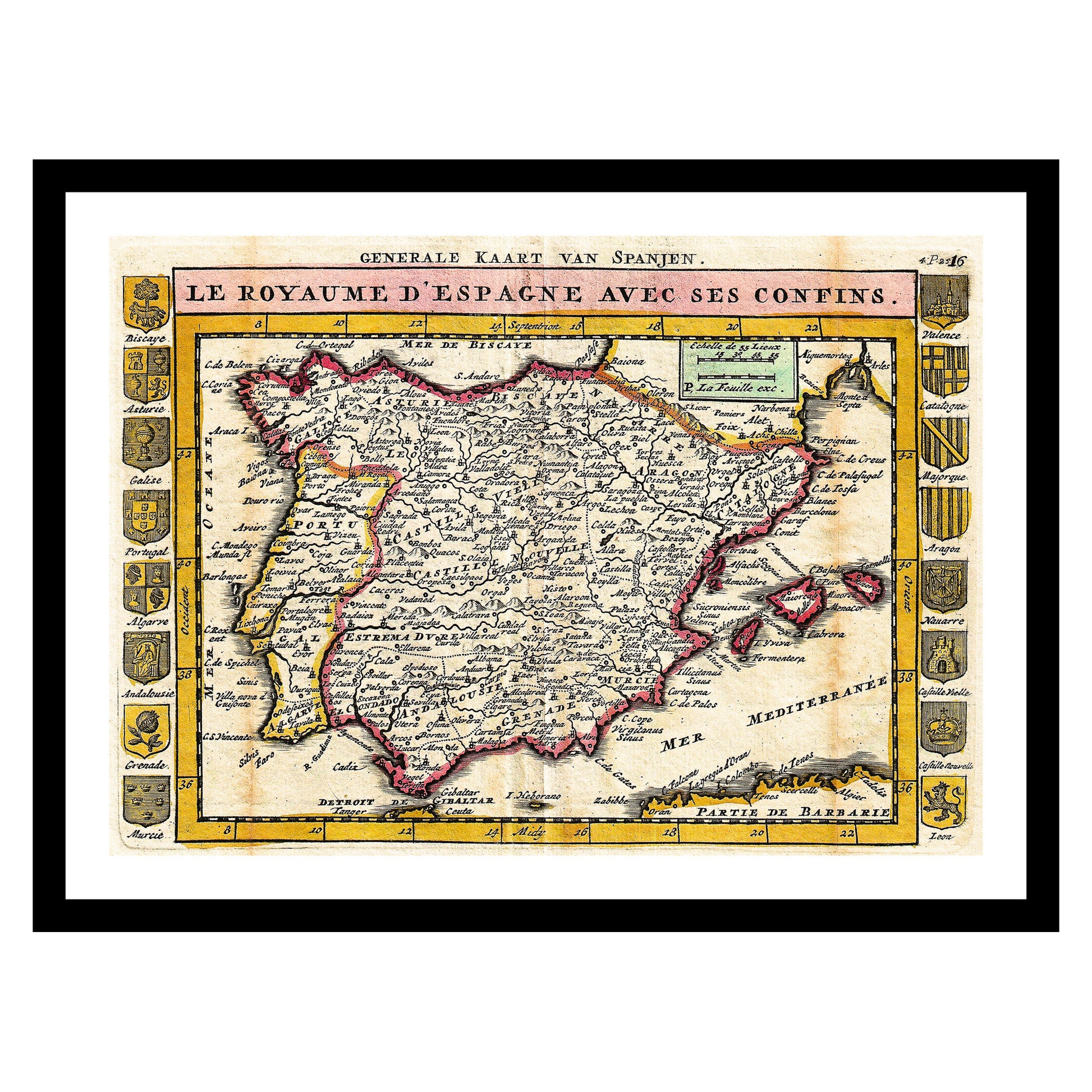 Antique map of Spain Portugal from 1747 - art print. Vintage poster from the old maps of Spain Portugal collection