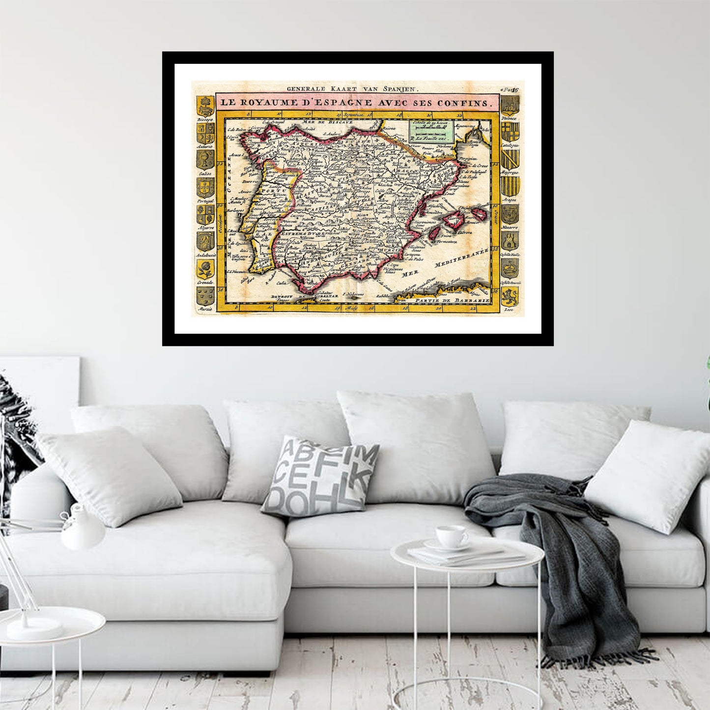 Antique map of Spain Portugal from 1747 - art print. Vintage poster from the old maps of Spain Portugal collection