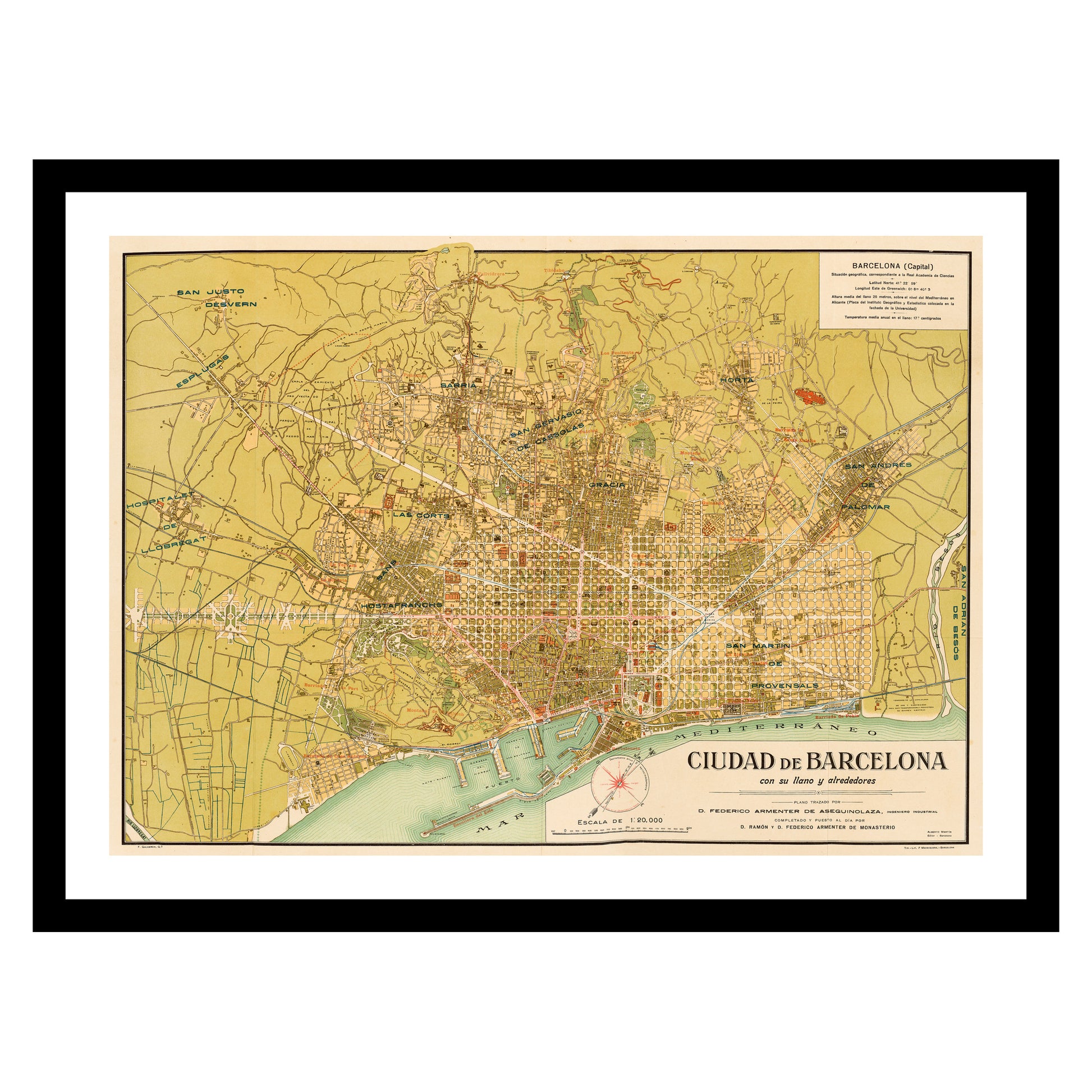 Antique map of Barcelona from 1910 - art print. Vintage poster from the old maps of Spain collection