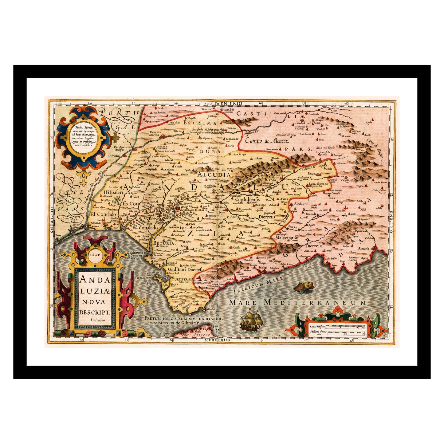 Antique map of Andalusia from 1623 - art print. Vintage poster from the old maps of Spain collection