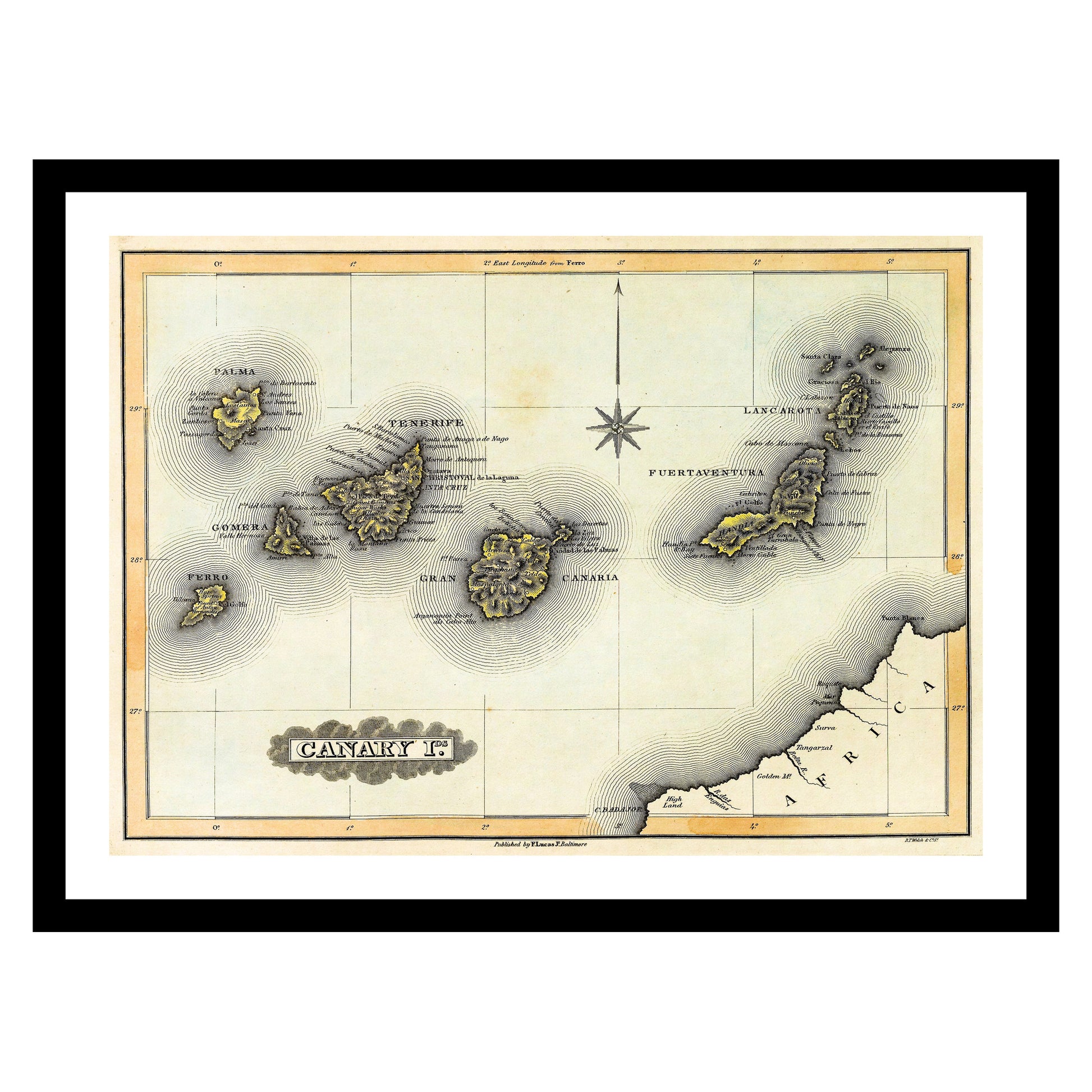 Antique map of Canary Islands from 1823 - art print. Vintage poster from the old maps of Spain collection