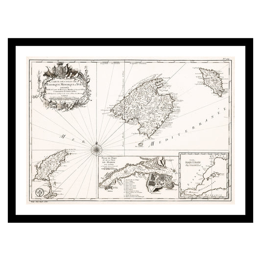 Antique map of Mallorca Menorca from 1740 - art print. Vintage poster from the old maps of Spain collection