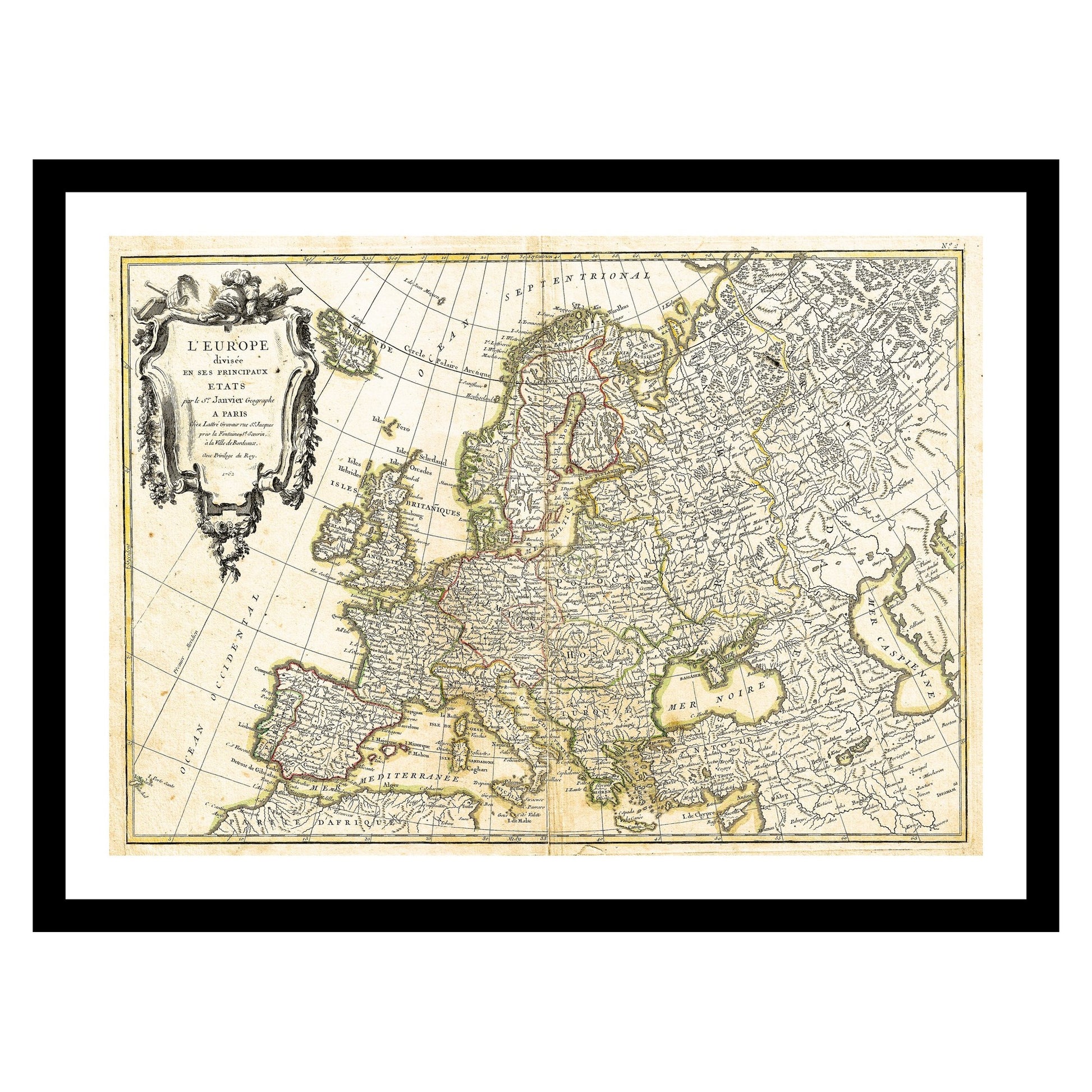 Antique map of Europe from 1762 - art print. Vintage poster from the old maps of Europe collection