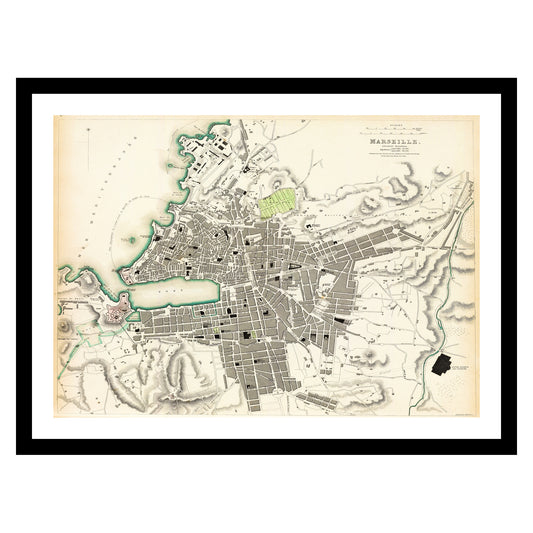 Antique map of Marseille from 1840 - art print. Vintage poster from the old maps of France collection