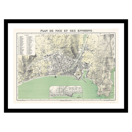 Antique map of Nice from 1883 - art print. Vintage poster from the old maps of France collection