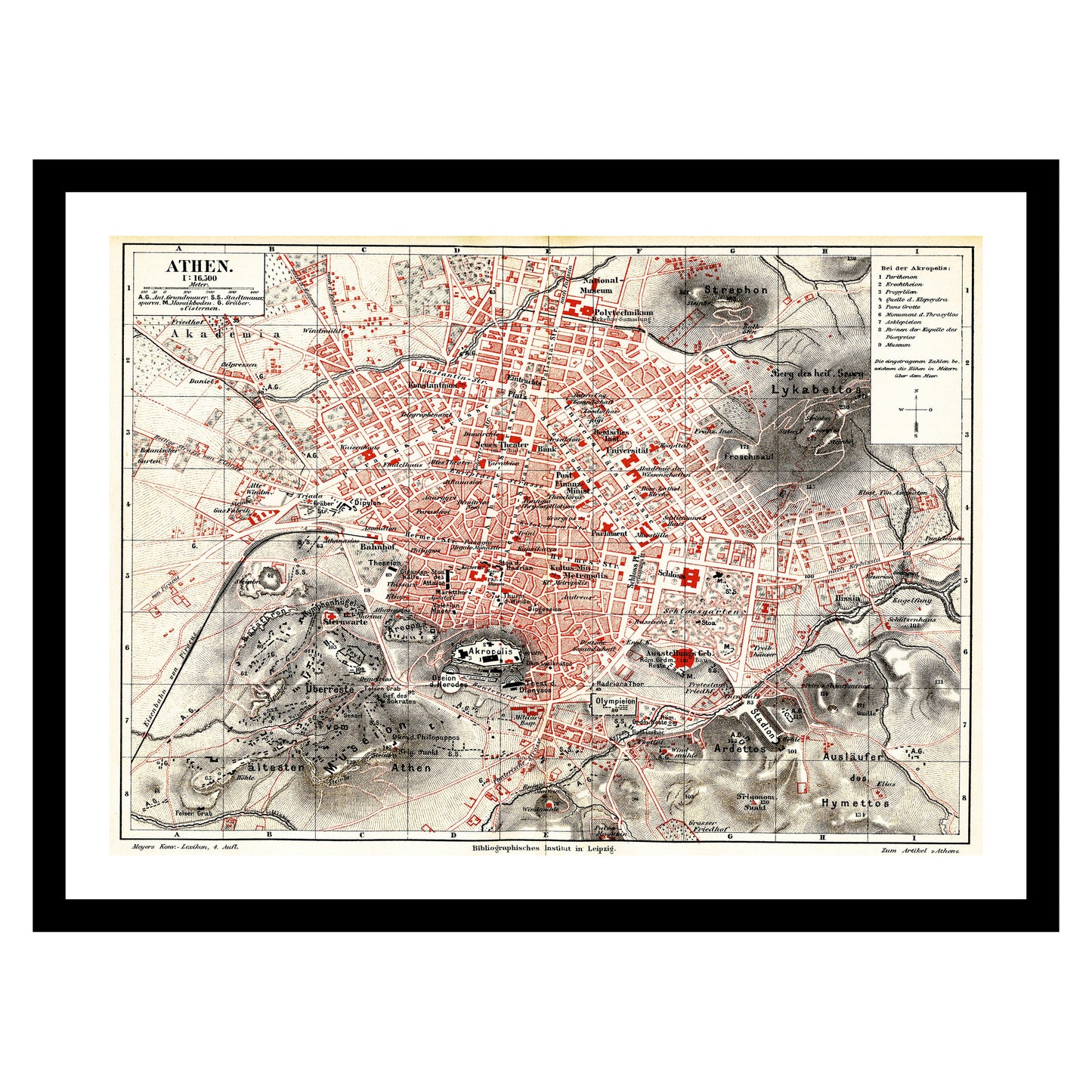 Antique map of Athens from 1884 - art print. Vintage poster from the old maps of Greece collection