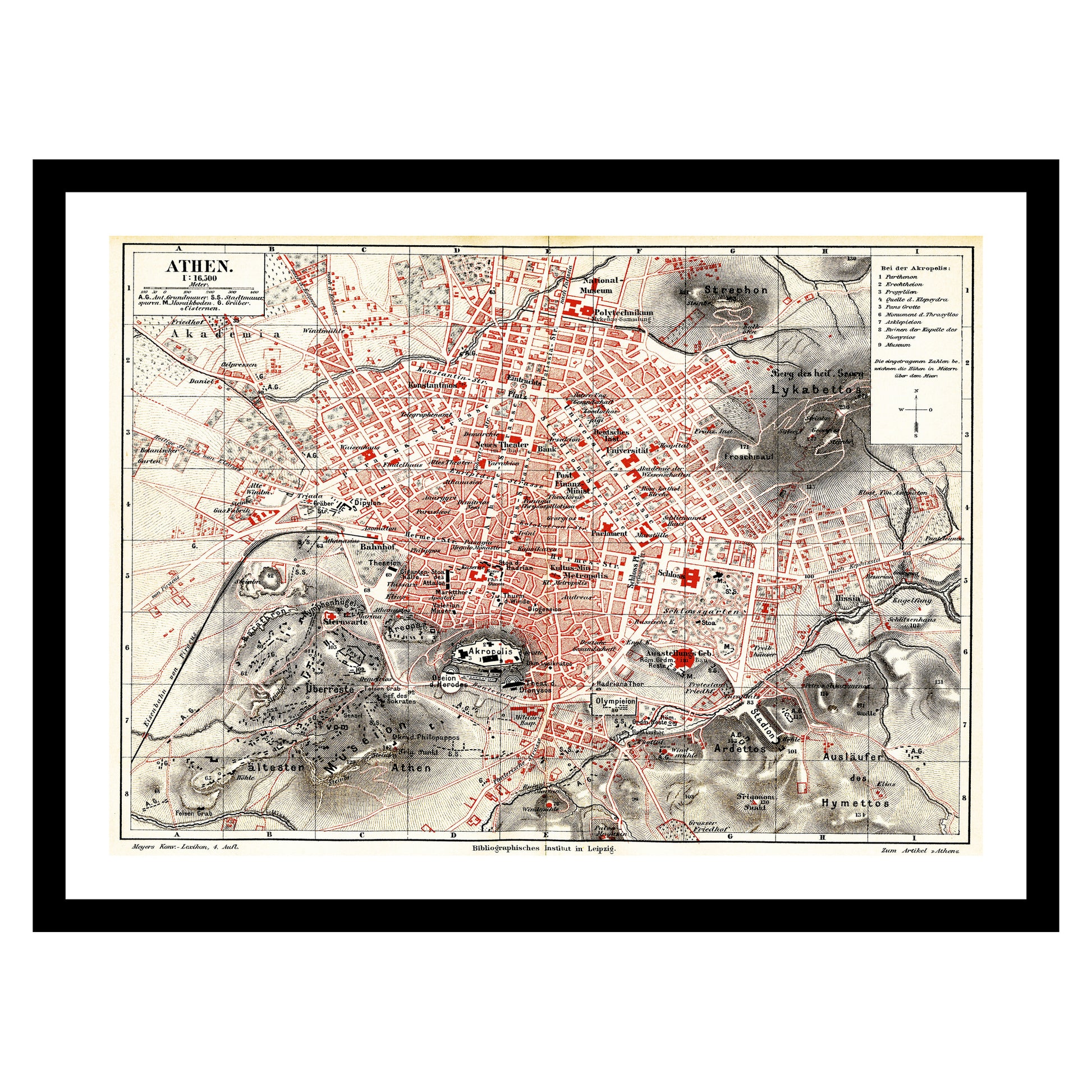 Antique map of Athens from 1884 - art print. Vintage poster from the old maps of Greece collection