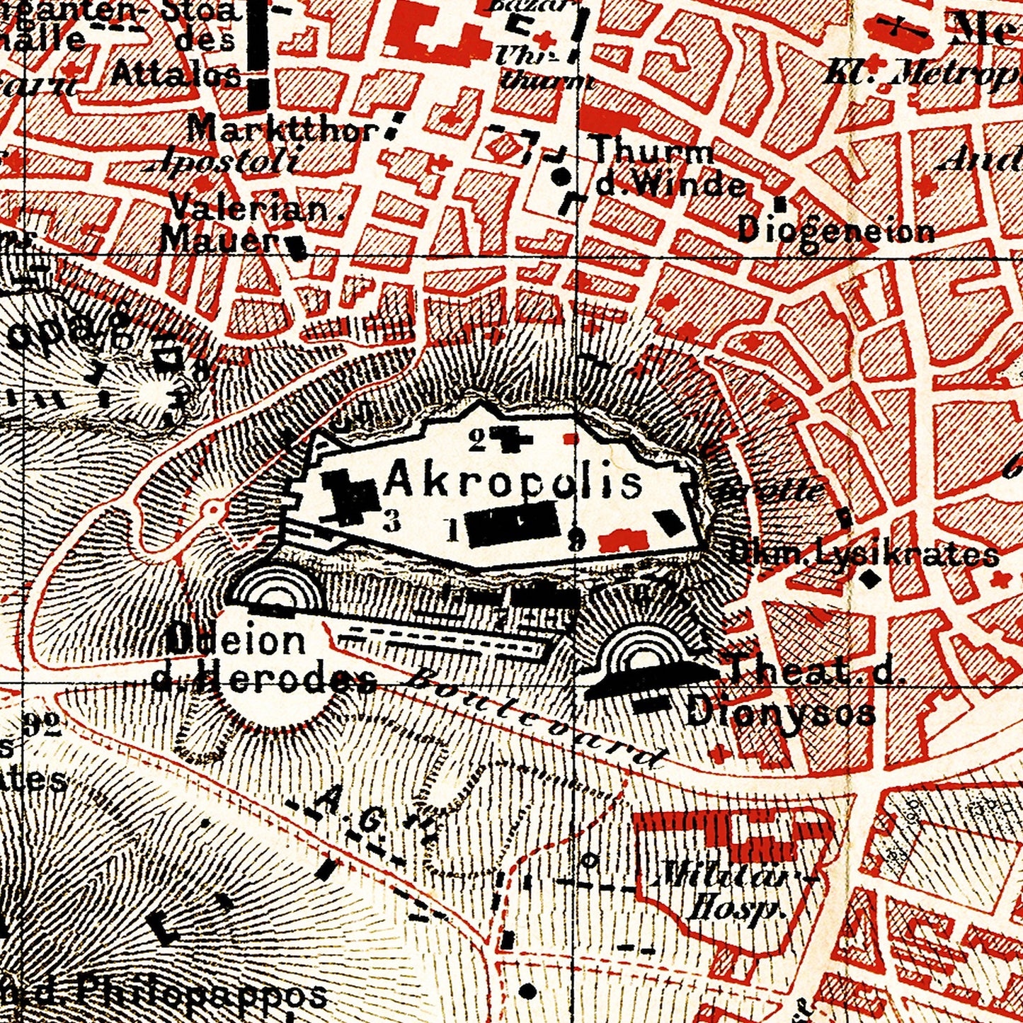 Athens Greece 1884 - Old Antique Map - Art Print