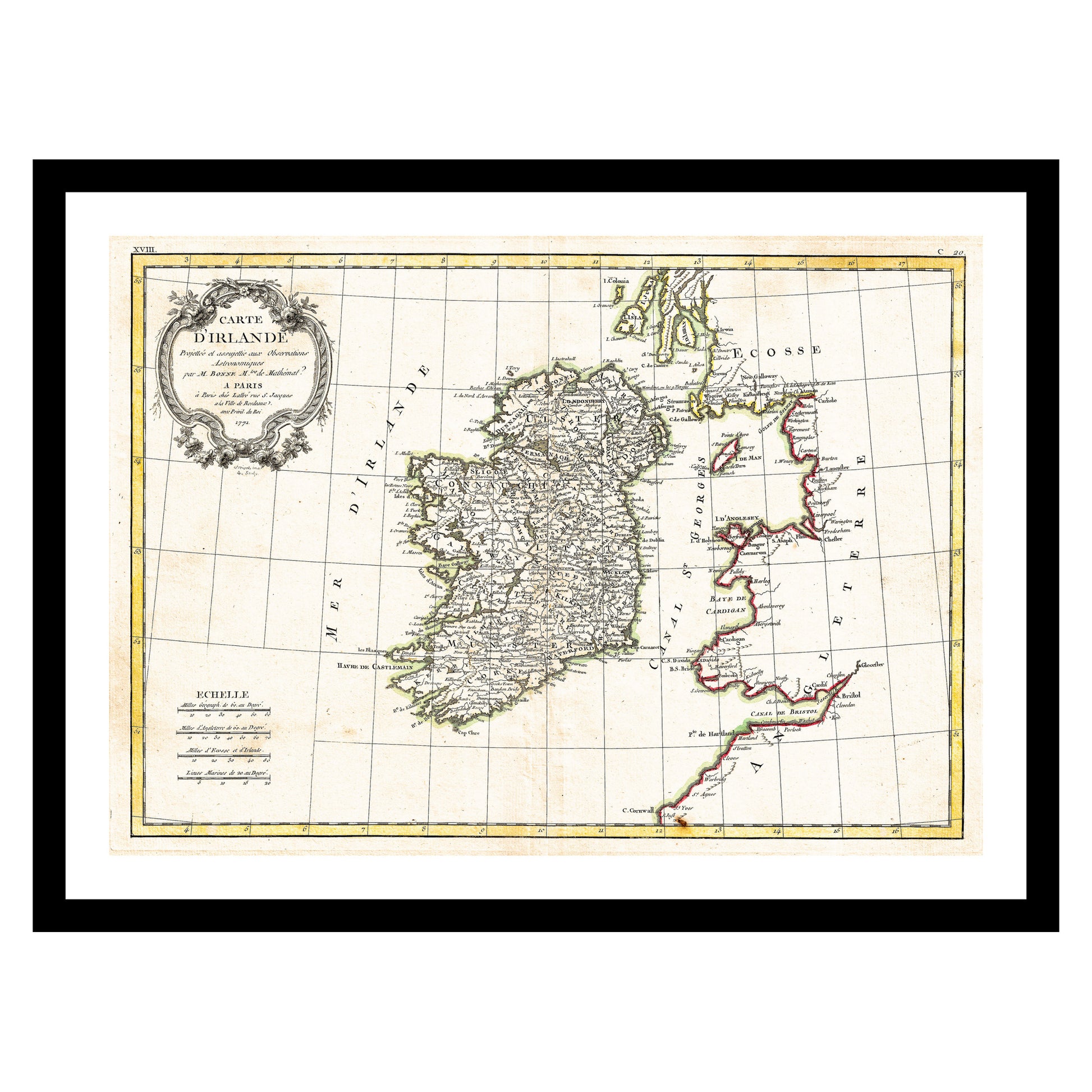 Antique map of Ireland from 1771 - art print. Vintage poster from the old maps of Ireland collection