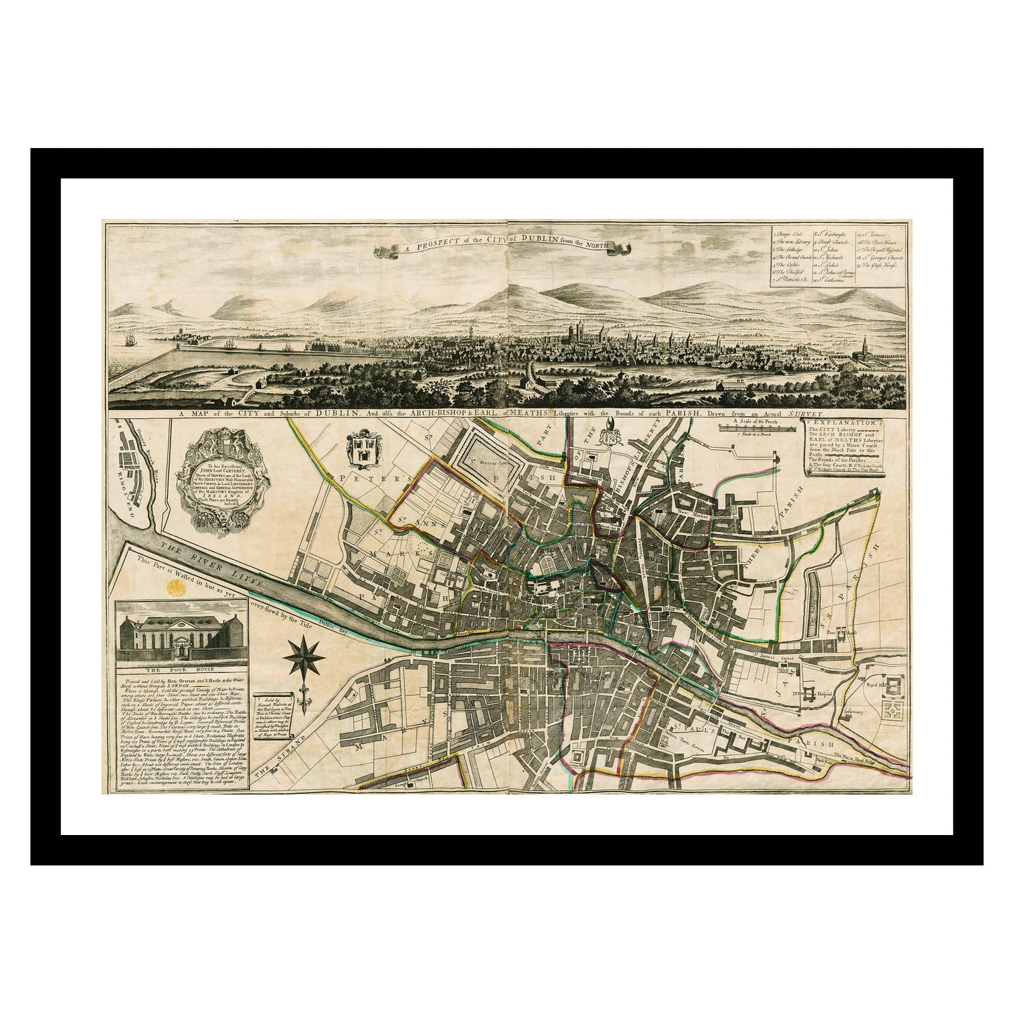 Antique map of Dublin from 1730 - art print. Vintage poster from the old maps of Ireland collection