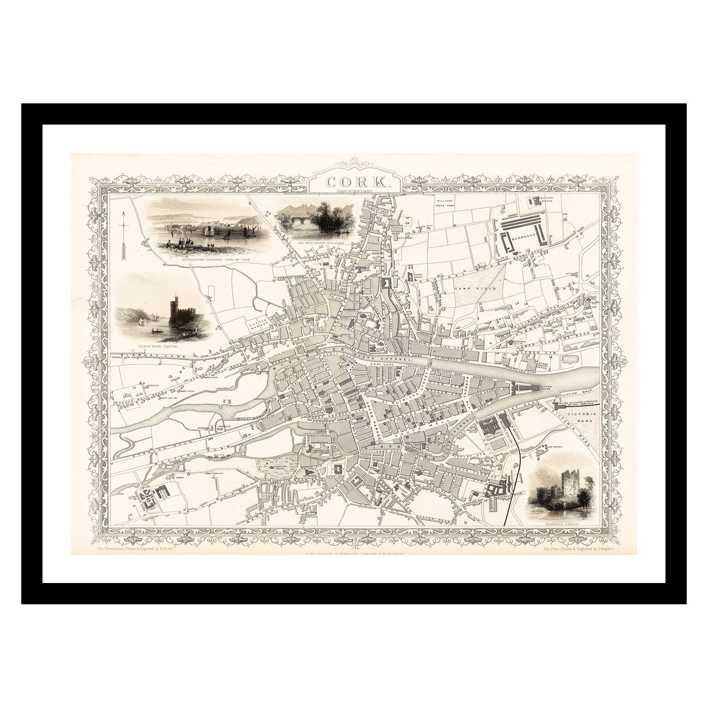 Antique map of Cork from 1851 - art print. Vintage poster from the old maps of Ireland collection