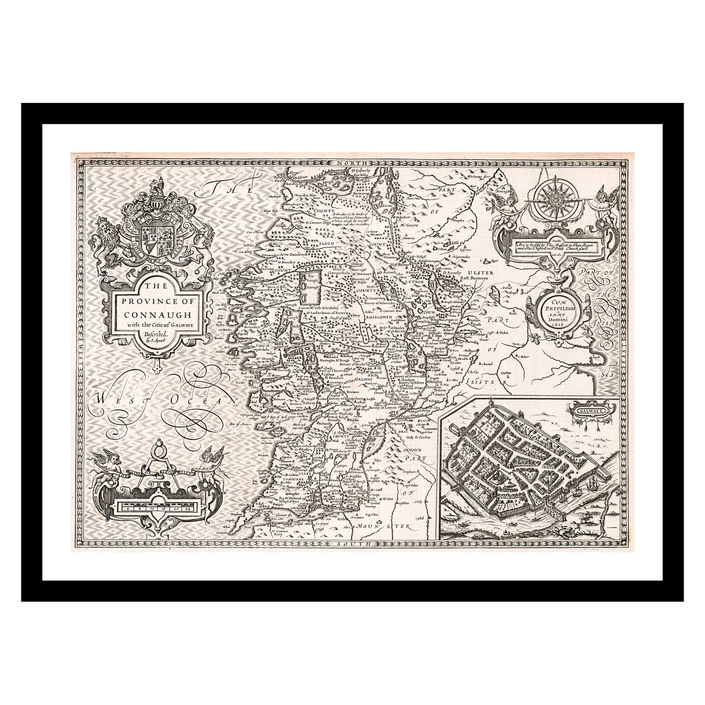 Antique map of Galway from 1610 - art print. Vintage poster from the old maps of Ireland collection