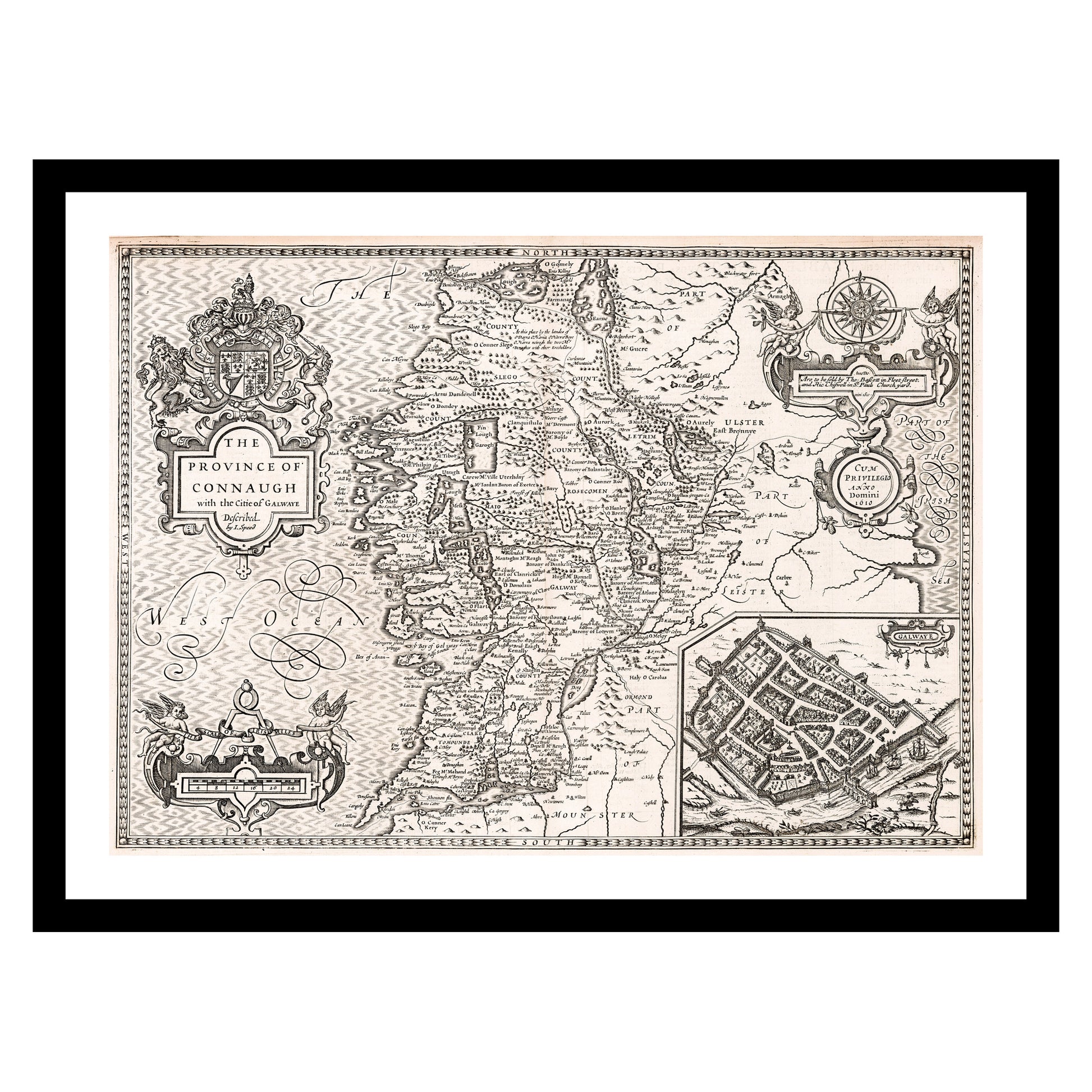 Antique map of Galway from 1610 - art print. Vintage poster from the old maps of Ireland collection