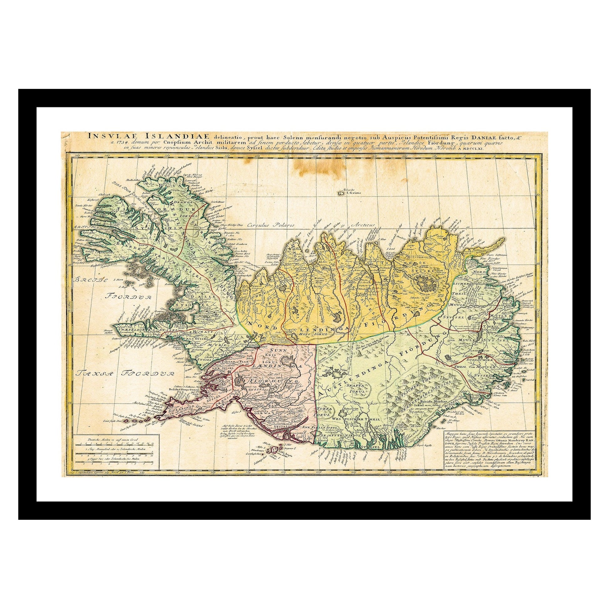 Antique map of Iceland from 1761 - art print. Vintage poster from the old maps of Iceland collection