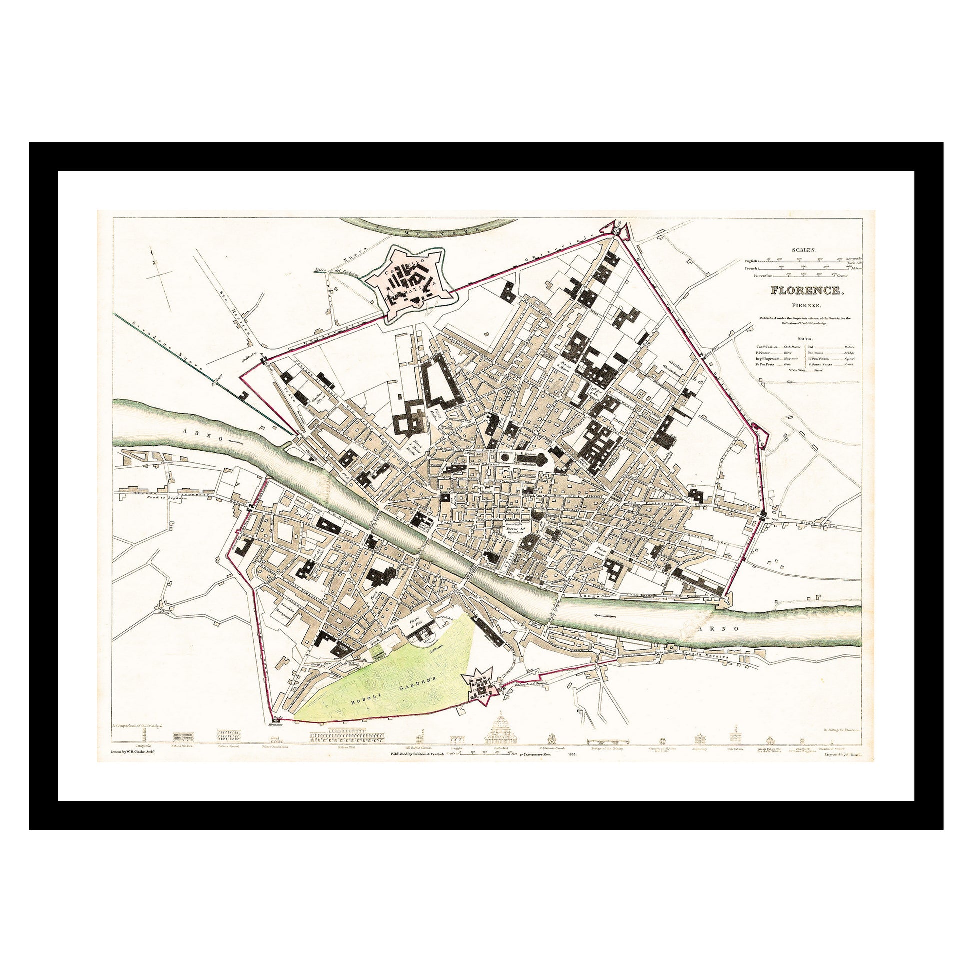 Antique map of Florence from 1835 - art print. Vintage poster from the old maps of Italy collection