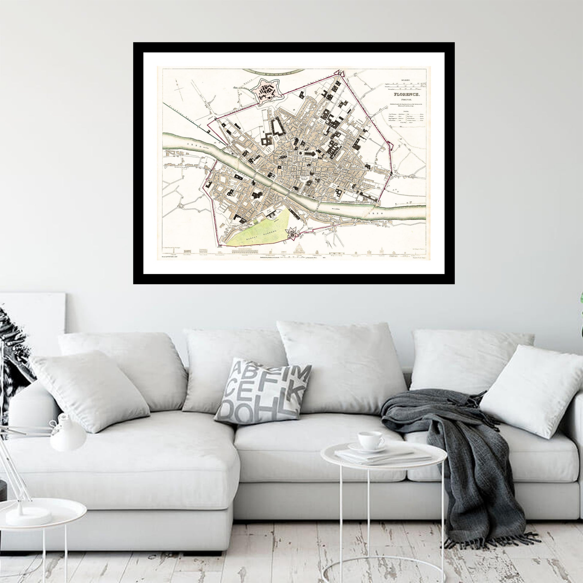 Antique map of Florence from 1835 - art print. Vintage poster from the old maps of Italy collection