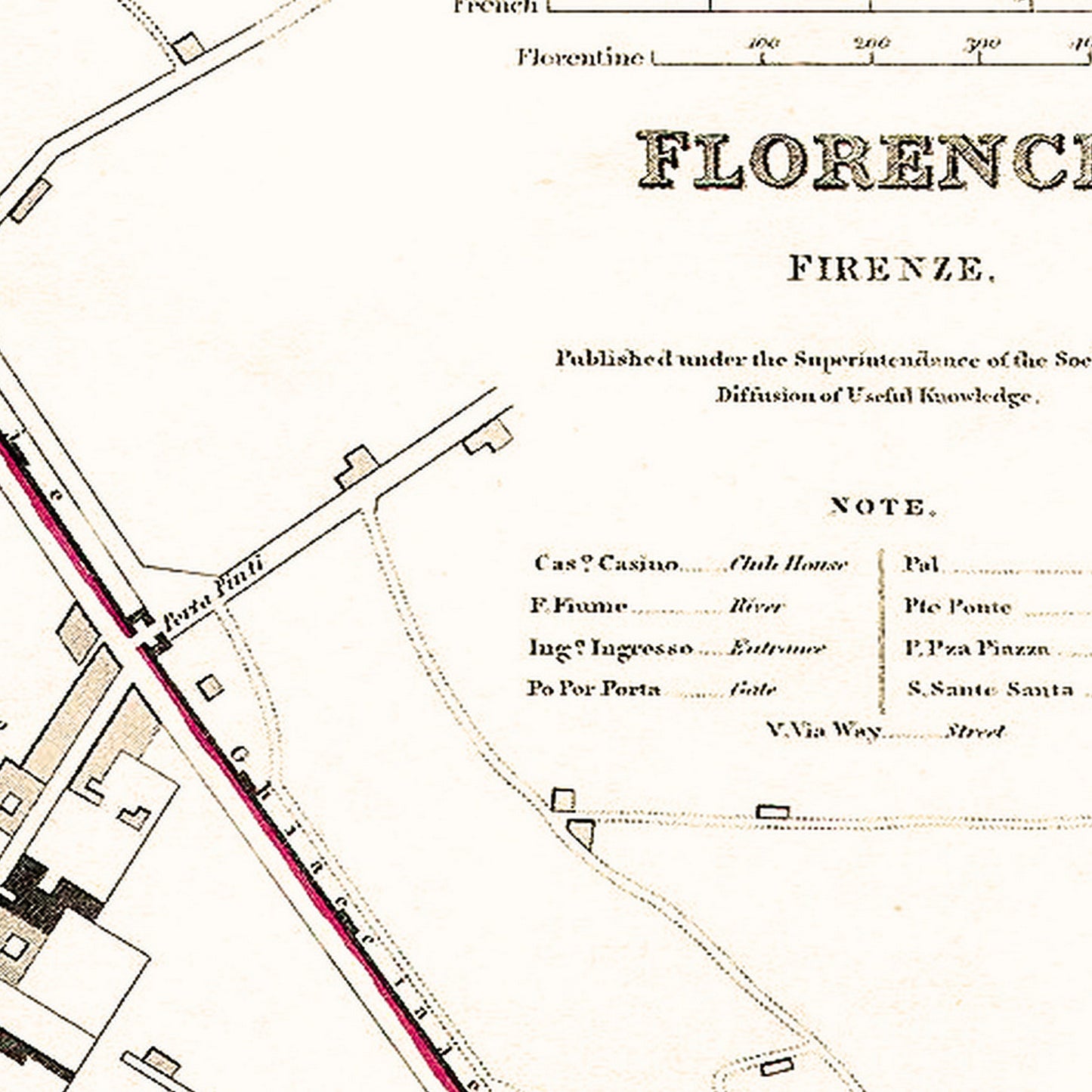 Florence Italy 1835 - Old Antique Map - Art Print