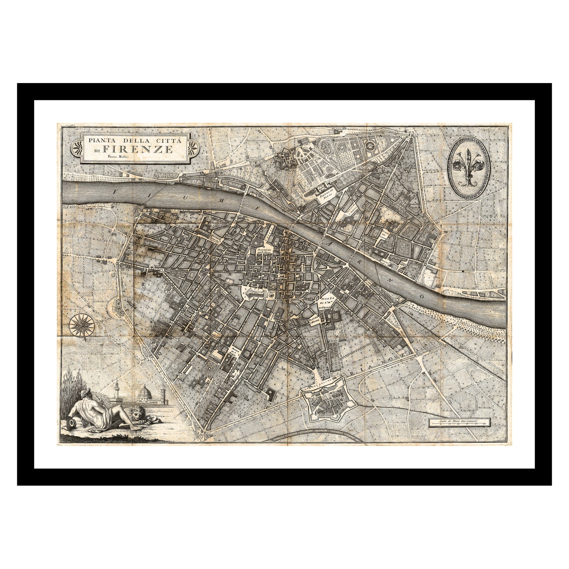 Antique map of Florence from 1847 - art print. Vintage poster from the old maps of Italy collection