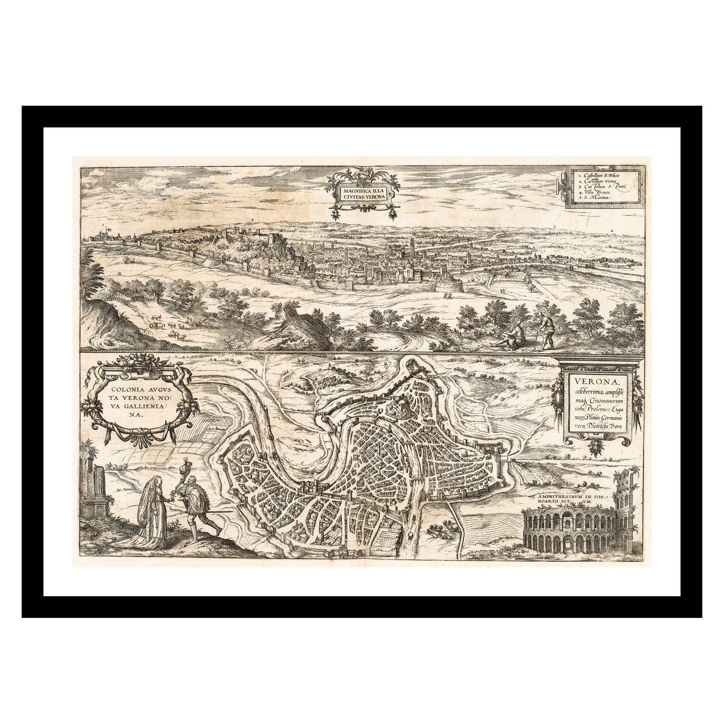 Antique map of Verona from 1581 - art print. Vintage poster from the old maps of Italy collection