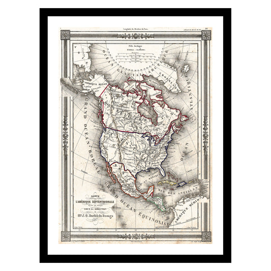 Antique map of North America from 1852 - art print. Vintage poster from the old maps of North America collection