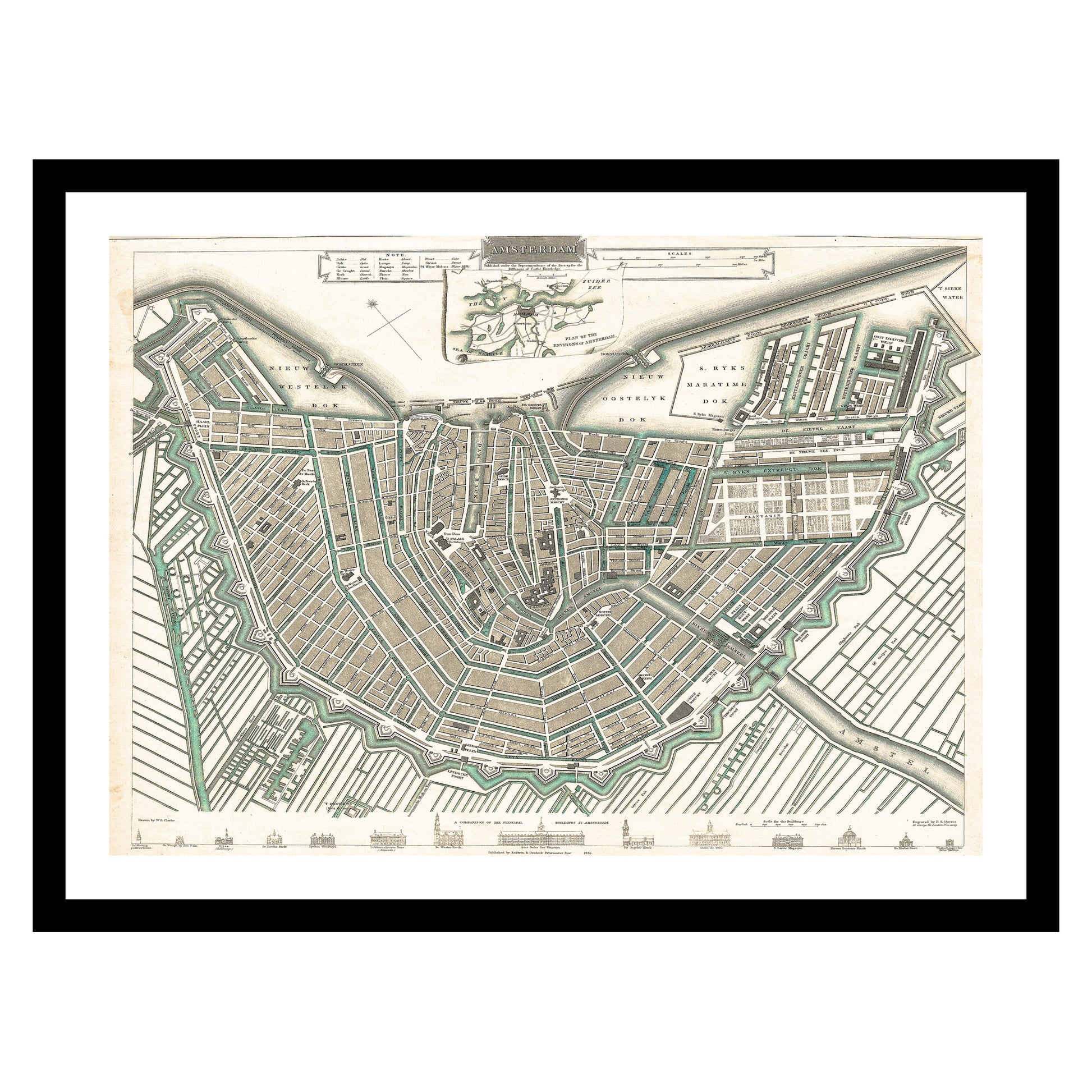 Antique map of Amsterdam from 1835 - art print. Vintage poster from the old maps of Netherlands collection