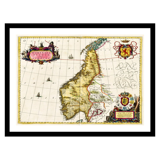 Antique map of Norway from 1665 - art print. Vintage poster from the old maps of Norway collection