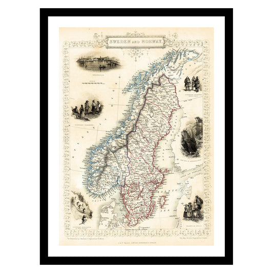 Antique map of Sweden Norway from 1851 - art print. Vintage poster from the old maps of Norway collection