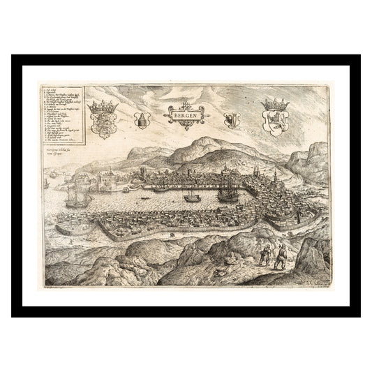 Antique map of Bergen from 1588 - art print. Vintage poster from the old maps of Norway collection