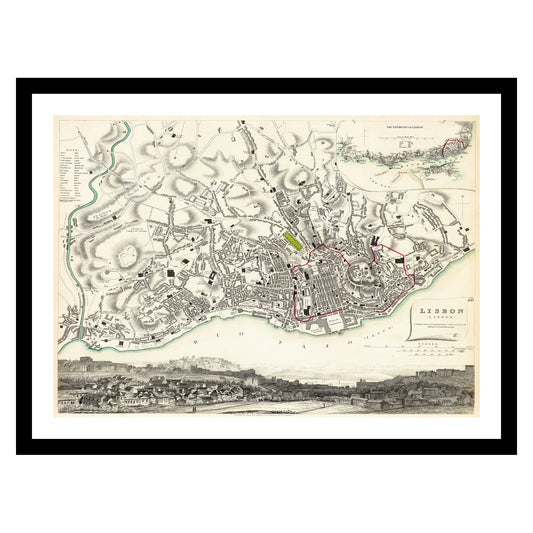 Antique map of Lisbon from 1833 - art print. Vintage poster from the old maps of Portugal collection