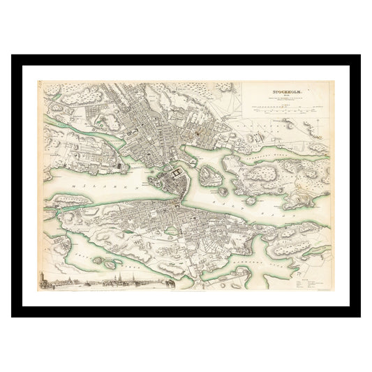 Antique map of Stockholm from 1844 - art print. Vintage poster from the old maps of Sweden collection