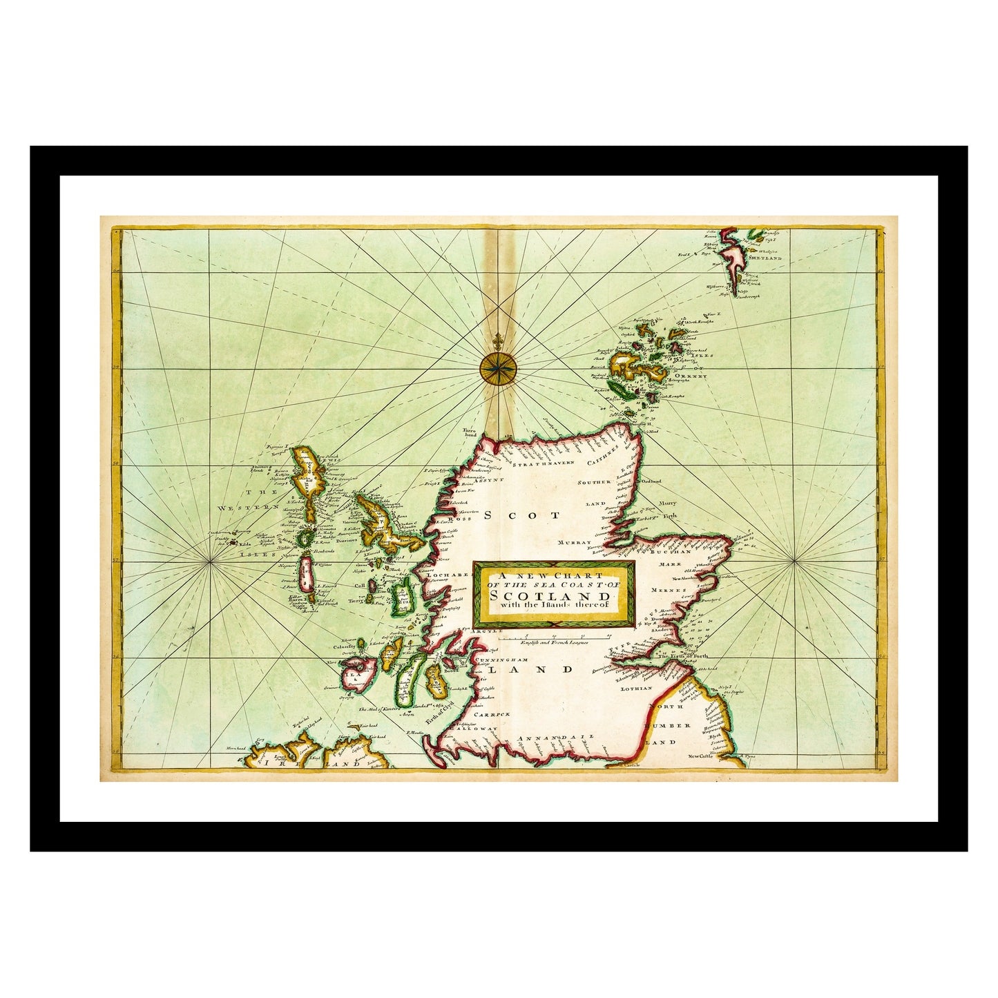 Antique map of Scotland North Sea from 1702 - art print. Vintage poster from the old maps of Sea Marine collection