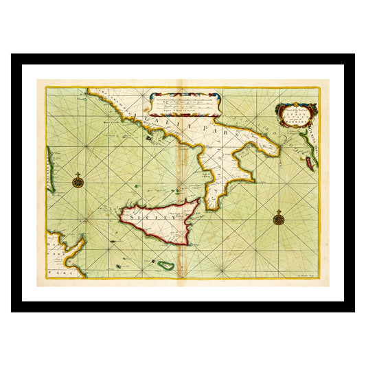 Antique map of Sicily Italy Mediterranean Sea from 1702 - art print. Vintage poster from the old maps of Sea Marine collection