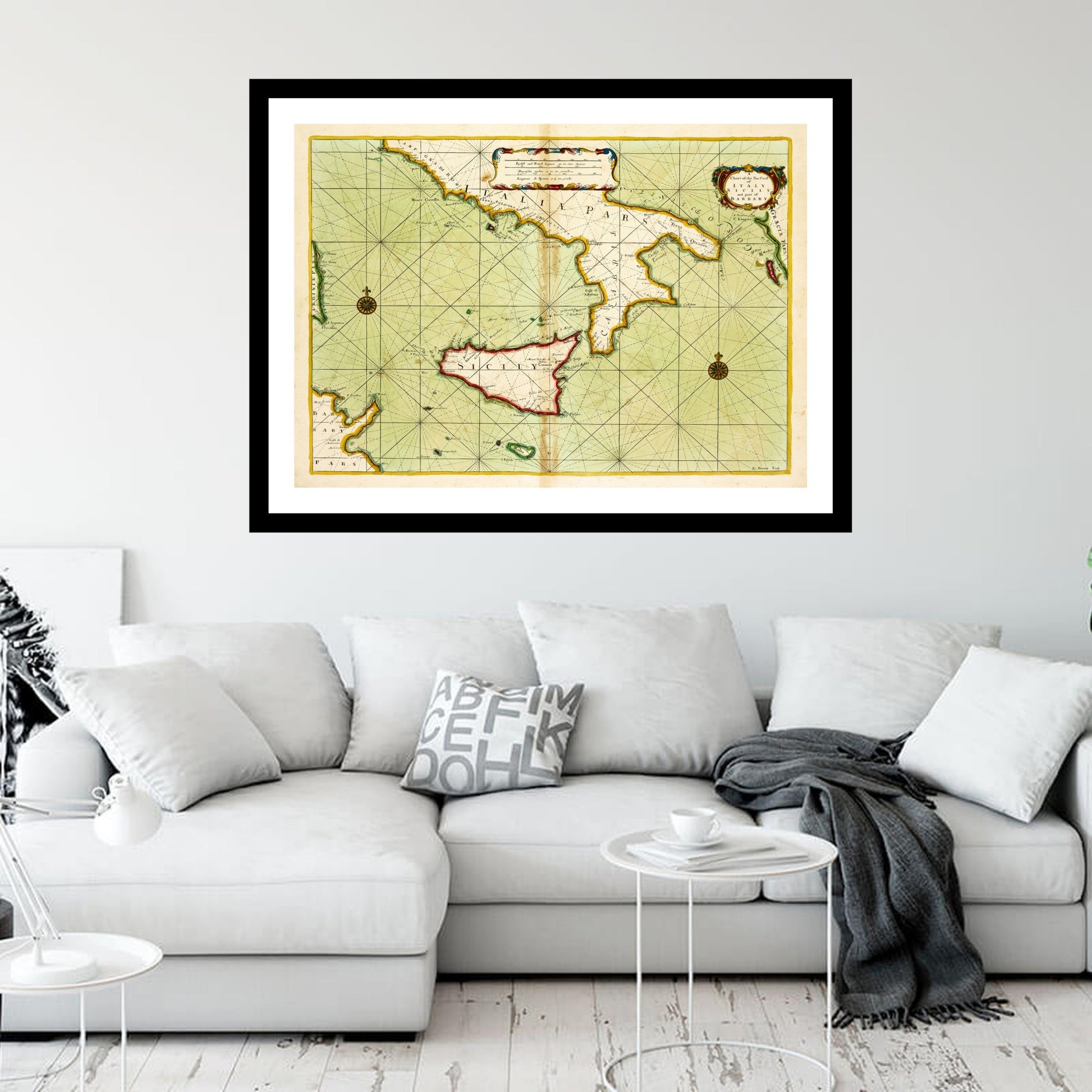 Antique map of Sicily Italy Mediterranean Sea from 1702 - art print. Vintage poster from the old maps of Sea Marine collection