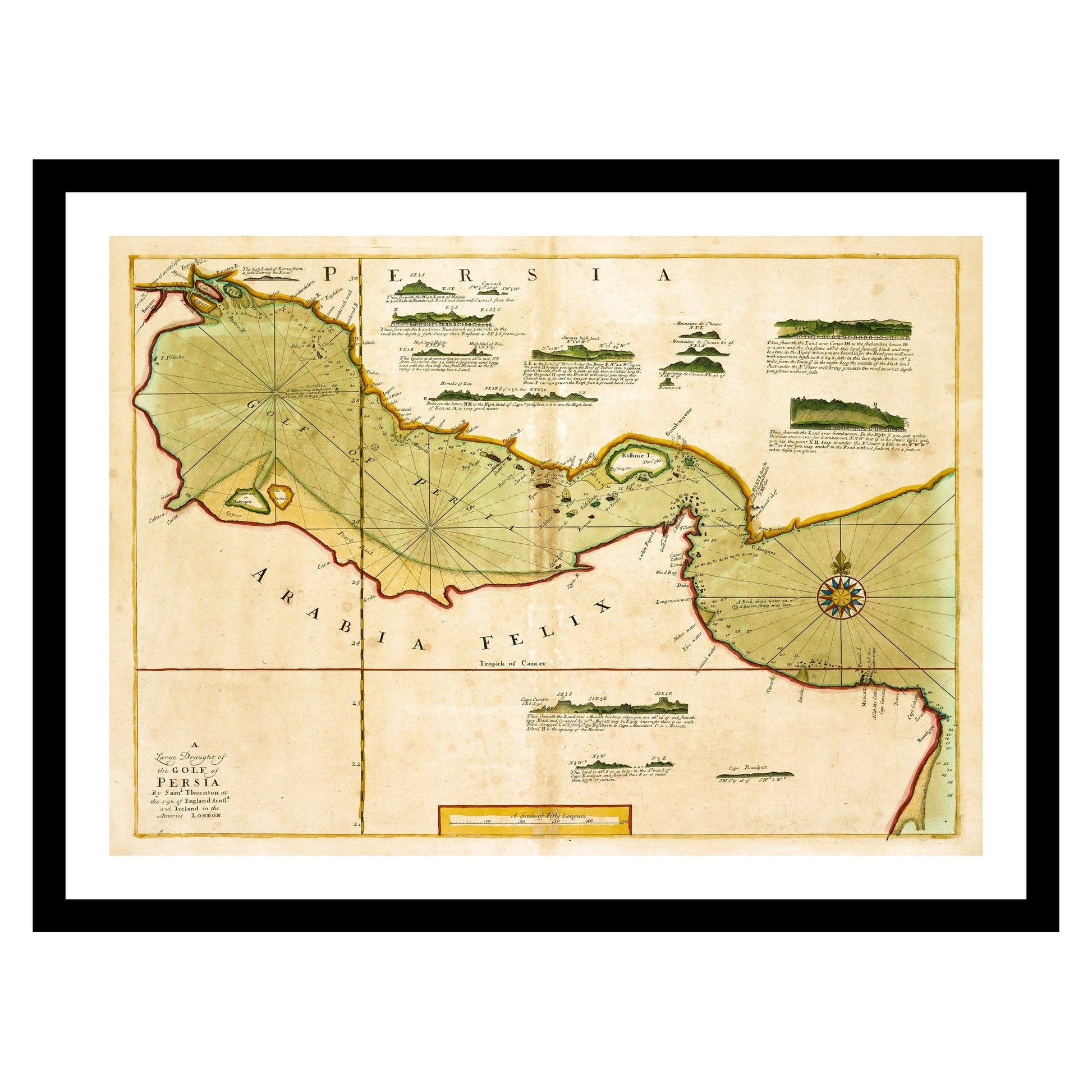 Antique map of Persian Arabian Gulf from 1702 - art print. Vintage poster from the old maps of Sea Marine collection